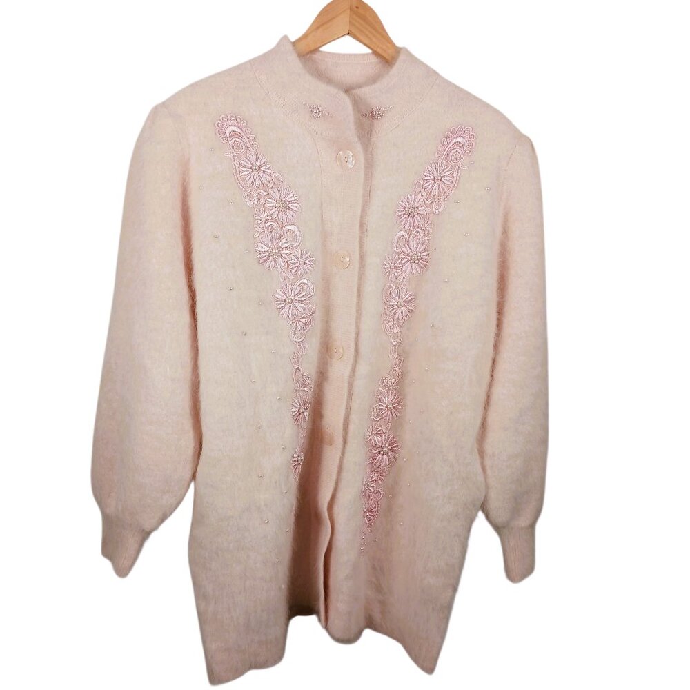 Lee Sands O/S Granny Core Long Angora Blend Baby Pink Cardigan W/ Embellishment